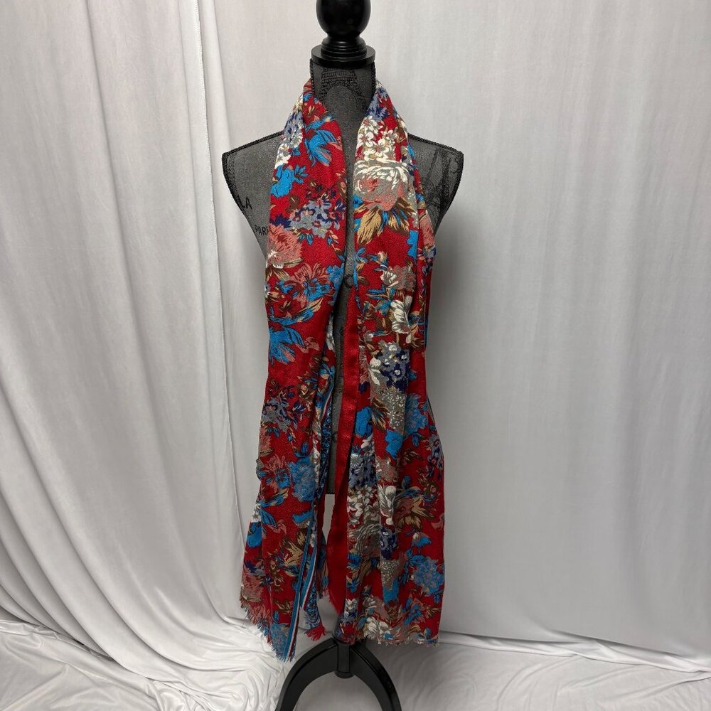 Red Blue Floral Scarf Fringed Ends Wrap Shawl Cover Up Versatile Styling